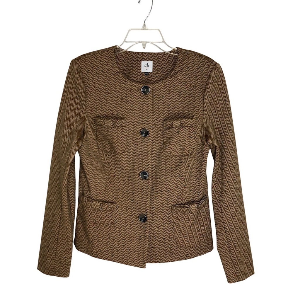 Cabi 3170 Stretchy Cotton Brown Tweed Look Pockets Button Penny Blazer Jacket  M